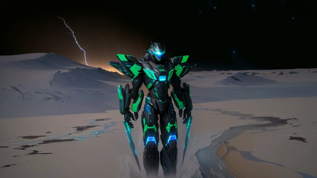 a black colored male transformer with green inserts, symmetrically arranged green parts, on the frontof the body not transparent cabin, on the back - aircraft's wings, arms from elbows to hands look like the front part of a aircraft, wheels are visible on the shoulders, on the legs from knees to the ankle there are aircraft's repulsors and small aircraft's tail wings, no helmet, light blue eyes, two legs, two arms, not a suit, on a background there is an empty dark blue metal desert, no buildings, no structures, dark blue storm clouds, light blue lightning from the clouds, blue river, river to the horizon, electrified river, light blue lightning from the river, space sky, stars in the sky, composition on the metal planet, big metalic planet, dark-blue metal, shiny metal, cybertron, mechanical planet, empty wasteland, dark blue storm clouds, light blue lightning from clouds, blue river, river to horizon, electrized river, light blue lightning from river, space sky, stars on the sky, realistic, watercolor, 4k, high quality, hight attention to details, concept art, concept art by Chris Mowry.
