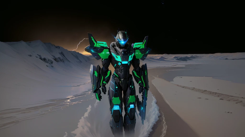 a black colored male transformer with green inserts, symmetrically arranged green parts, on the frontof the body not transparent cabin, on the back - aircraft's wings, arms from elbows to hands look like the front part of a aircraft, wheels are visible on the shoulders, on the legs from knees to the ankle there are aircraft's repulsors and small aircraft's tail wings, no helmet, light blue eyes, two legs, two arms, not a suit, on a background there is an empty dark blue metal desert, no buildings, no structures, dark blue storm clouds, light blue lightning from the clouds, blue river, river to the horizon, electrified river, light blue lightning from the river, space sky, stars in the sky, composition on the metal planet, big metalic planet, dark-blue metal, shiny metal, cybertron, mechanical planet, empty wasteland, dark blue storm clouds, light blue lightning from clouds, blue river, river to horizon, electrized river, light blue lightning from river, space sky, stars on the sky, realistic, watercolor, 4k, high quality, hight attention to details, concept art, concept art by Chris Mowry.