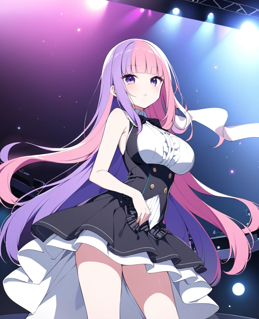 Araki Department, Purple Hair, Two-tone hair, Split Color Hair, Pink Hair, Blunt bangs, Very long hair, Purple eyes, Big Breasts, Live Stage, alone,