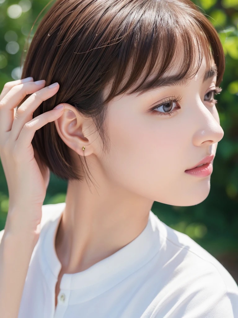 (highest quality、Tabletop、8k、Best image quality、Award-winning works)、((profile:1.4))、ear、((short hair:1.46)),(Brown Hair)、(White casual clothes:1.2)、(The simplest pure white background:1.3)、(Perfectly fixed in front:1.1),(Portrait with space:1.2)、Beautiful and detailed、Perfect Makeup、Ultra-high definition beauty face、Ultra HD Hair、Ultra-high definition sparkling eyes、Ultra-high quality glossy lips、Accurate anatomy、Very beautiful skin、(Pure white skin shining in ultra-high resolution:1.1)、(Very bright:1.2),Big Natural Color Lip、Lip gloss,Harajuku、cute、cute美人