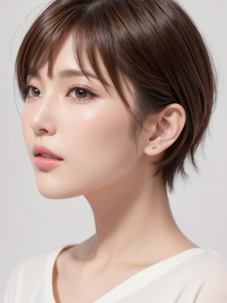 (highest quality、Tabletop、8k、Best image quality、Award-winning works)、((profile:1.4))、ear、((short hair:1.46)),(Brown Hair)、(White casual clothes:1.2)、(The simplest pure white background:1.3)、(Perfectly fixed in front:1.1),(Portrait with space:1.2)、Beautiful and detailed、Perfect Makeup、Ultra-high definition beauty face、Ultra HD Hair、Ultra-high definition sparkling eyes、Ultra-high quality glossy lips、Accurate anatomy、Very beautiful skin、(Pure white skin shining in ultra-high resolution:1.1)、(Very bright:1.2),Big Natural Color Lip、Lip gloss,Harajuku、cute、cute美人