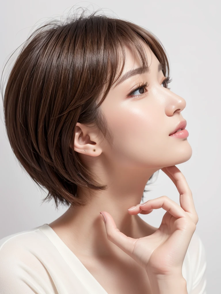 (highest quality、Tabletop、8k、Best image quality、Award-winning works)、((profile:1.4))、ear、((short hair:1.46)),(Brown Hair)、(White casual clothes:1.2)、(The simplest pure white background:1.3)、(Perfectly fixed in front:1.1),(Portrait with space:1.2)、Beautiful and detailed、Perfect Makeup、Ultra-high definition beauty face、Ultra HD Hair、Ultra-high definition sparkling eyes、Ultra-high quality glossy lips、Accurate anatomy、Very beautiful skin、(Pure white skin shining in ultra-high resolution:1.1)、(Very bright:1.2),Big Natural Color Lip、Lip gloss,Harajuku、cute、cute美人