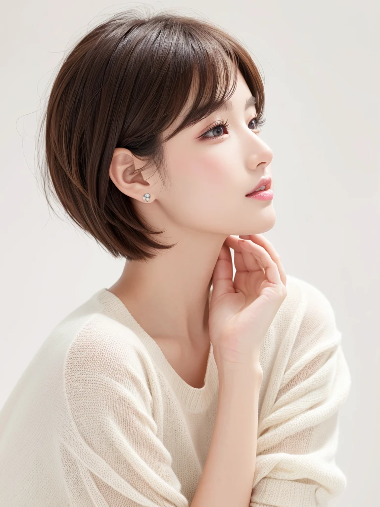 (highest quality、Tabletop、8k、Best image quality、Award-winning works)、((profile:1.4))、ear、((short hair:1.46)),(Brown Hair)、(White casual clothes:1.2)、(The simplest pure white background:1.3)、(Perfectly fixed in front:1.1),(Portrait with space:1.2)、Beautiful and detailed、Perfect Makeup、Ultra-high definition beauty face、Ultra HD Hair、Ultra-high definition sparkling eyes、Ultra-high quality glossy lips、Accurate anatomy、Very beautiful skin、(Pure white skin shining in ultra-high resolution:1.1)、(Very bright:1.2),Big Natural Color Lip、Lip gloss,Harajuku、cute、cute美人