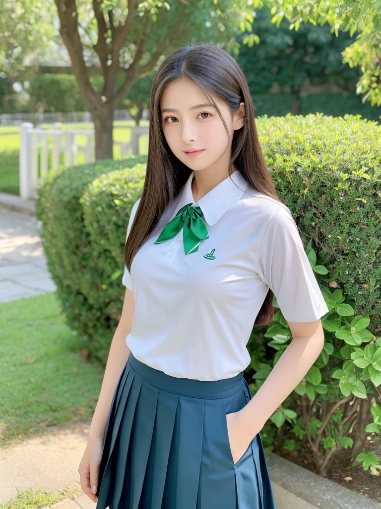 masterpiece、highest quality、８K、Japanese、10  years old、Full body portrait、An attractive and well-groomed face、beautiful girl、Flat chest、(uniform:White and green)、Full body description、Well-formed eyes、sit、An attractive and well-groomed face、Detailed eyes、Detailed nose