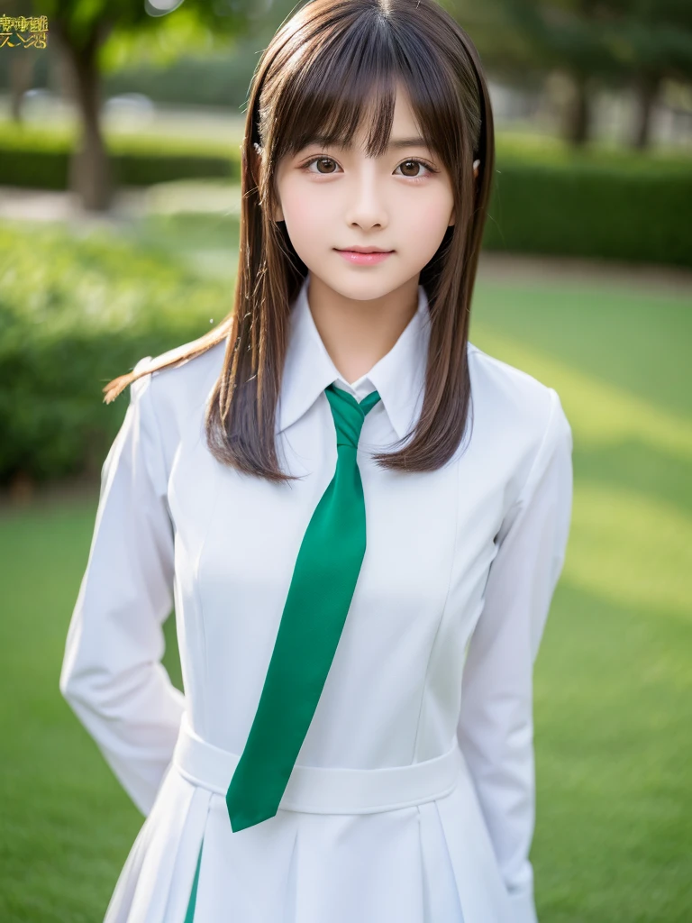 masterpiece、highest quality、８K、Japanese、、Full body portrait、An attractive and well-groomed face、beautiful girl、Flat chest、(uniform:White and green)、Full body description、Well-formed eyes、sit、An attractive and well-groomed face、Detailed eyes、Detailed nose