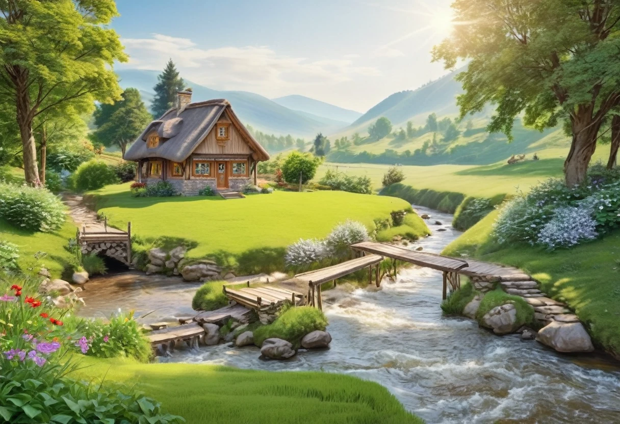a cozy cottage in a lush green meadow, beautiful detailed eyes, beautiful detailed lips, extremely detailed eyes and face, long eyelashes, photorealistic, professional, vibrant colors, natural lighting, serene atmosphere, peaceful landscape, detailed foliage, flowing stream, wooden bridge, stone pathway, warm sunlight, idyllic countryside, dreamy, magical, soothing, tranquil