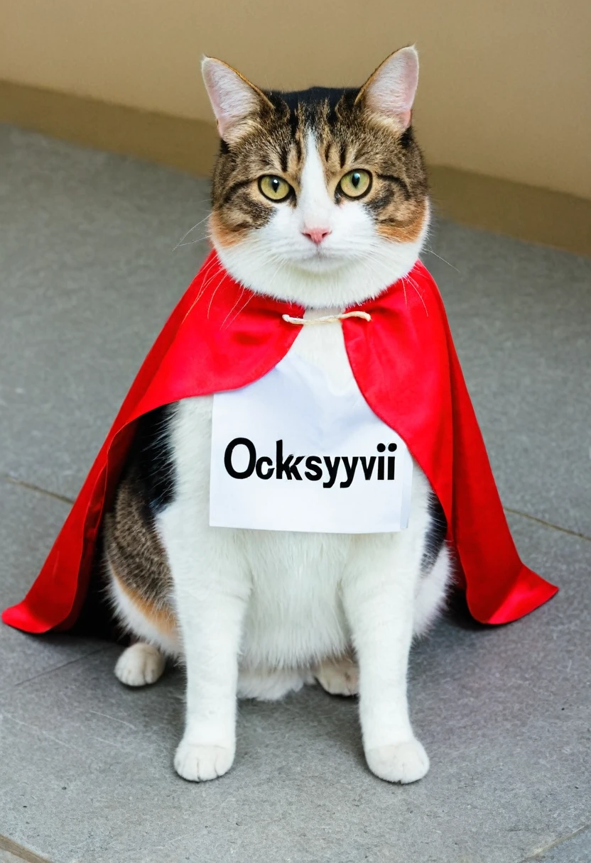 cat wearing cape, written "Ocksyi" on the cape
