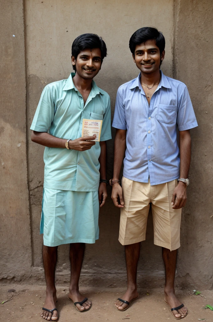 Two friends, Mohan and Sohan, standing together. Mohan is smiling mischievously, holding a 10-rupee note in his hand."