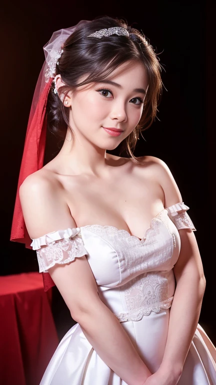 Young girl in wedding dress and updo, Off-shoulder neckline, and a long veil. her face is young and innocent, Looks like a . She looks at the camera with a playful expression. Detailed artwork with vivid illustrations, Realistic colors, Capture every detail. The medium of digital painting, Guaranteed best quality and high resolution (4K or 8K). soft and romantic lighting, creating a dream-like atmosphere. The overall color is warm and gentle................, Highlight the joy and beauty of your wedding scene.frontage、full body Esbian、A smile