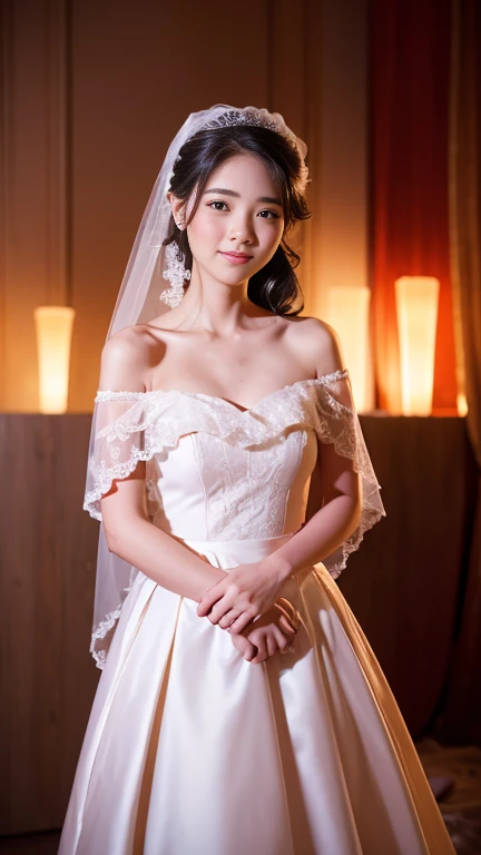 Young girl in wedding dress and updo, Off-shoulder neckline, and a long veil. her face is young and innocent, Looks like a . She looks at the camera with a playful expression. Detailed artwork with vivid illustrations, Realistic colors, Capture every detail. The medium of digital painting, Guaranteed best quality and high resolution (4K or 8K). soft and romantic lighting, creating a dream-like atmosphere. The overall color is warm and gentle................, Highlight the joy and beauty of your wedding scene.frontage、full body Esbian、A smile