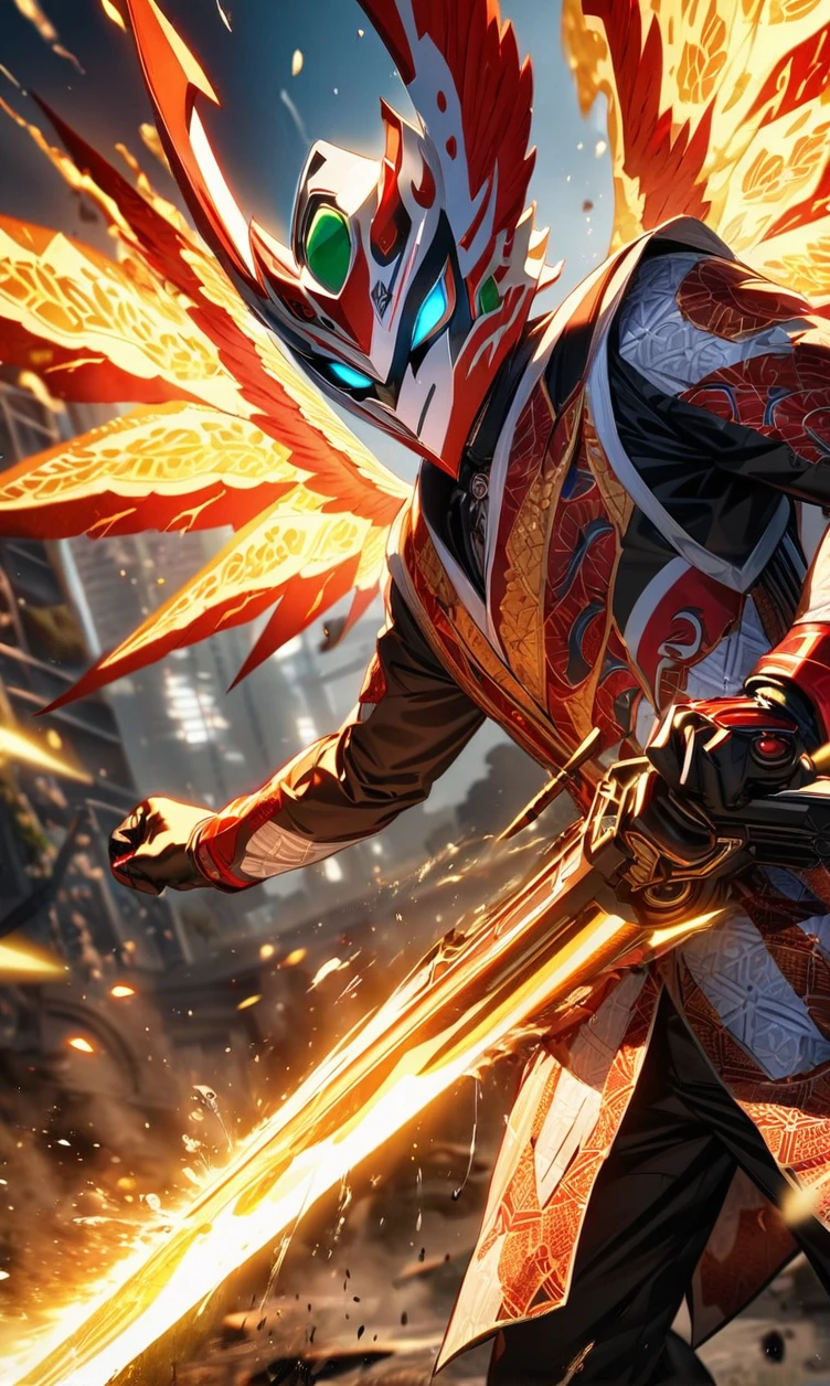 absurdres, highres, ultra detailed, HDR, masterpiece, extremely detailed face and eyes,Indonesian Kamen rider,Epic wings,red and white Garuda Kamen rider costume, Garuda Kamen rider mask, , Indonesia batik pattern , solo, man, handsome, ,, , Epic fight scene, golden splashing effect, golden effect,glowing glitters