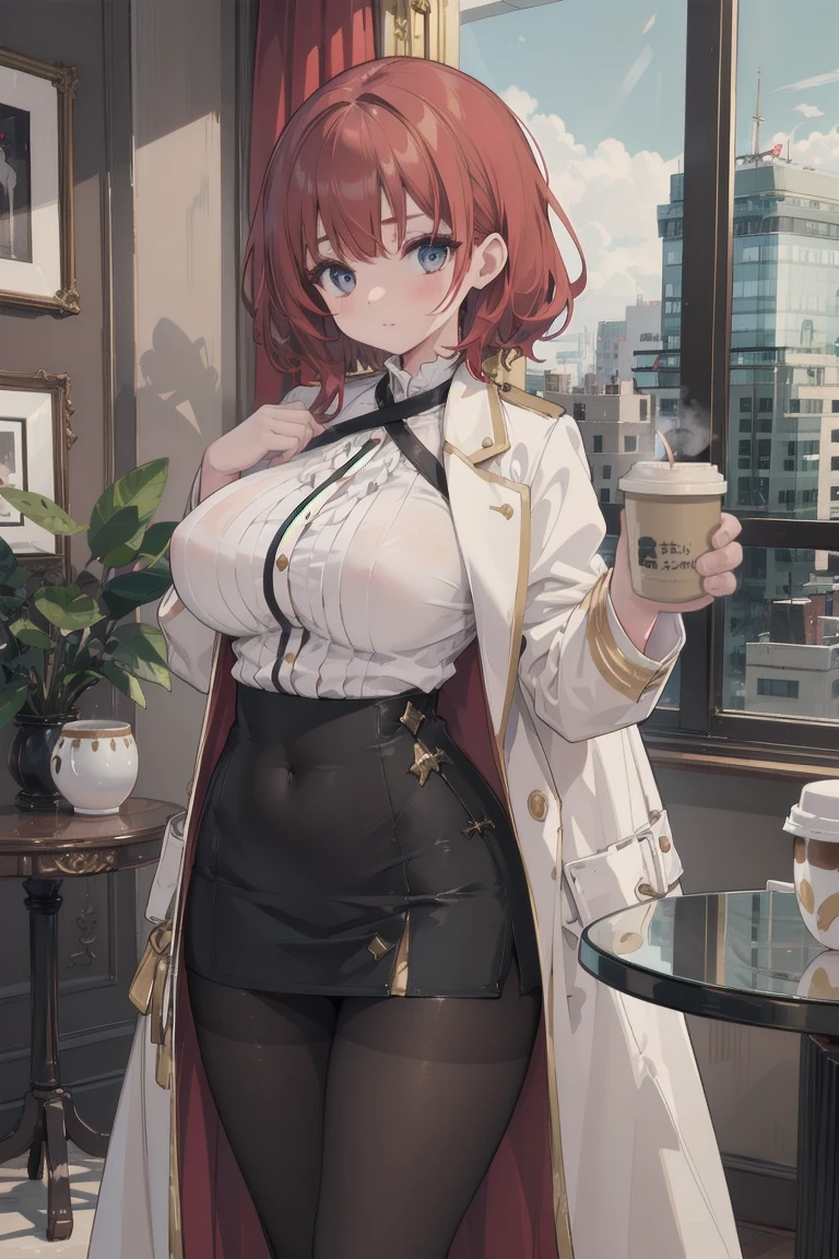 girl, White blouse, mini skirt, Black Pantyhose, white overcoat, Are standing, Coffee cup in hand, Glamorous clothing, Complex clothing,, A familiar face, Brown and gold tones, In a luxurious room, window, tall building, Day、Red Hair、I-cup breasts、Protruding chest、Protruding buttocks