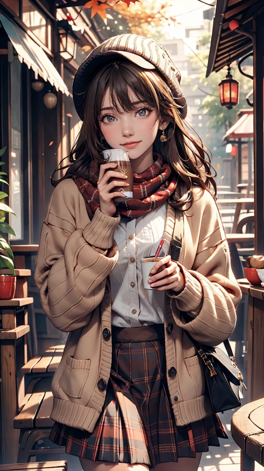 One girl, 紅leaf, bangs, Black Hat, Blurred Background, blush, Brown eyes, Brown Hair, brown scarf, brown skirt, cardigan, coffee, Cowboy Shot, cup, disposable cup, drink, 落ちleaf, Beanie, Holding, Holding drink, leaf, Long Hair, Long sleeve, View Viewer, open cardigan, Open your mouth, Plaid, Plaid skirt, puffy Long sleeve, red sweater, scarf, shirt, shirt tucked in, Side Lock, skirt, smile, alone, sweater, white shirt, Very detailed, complicated, masterpiece, Absurd