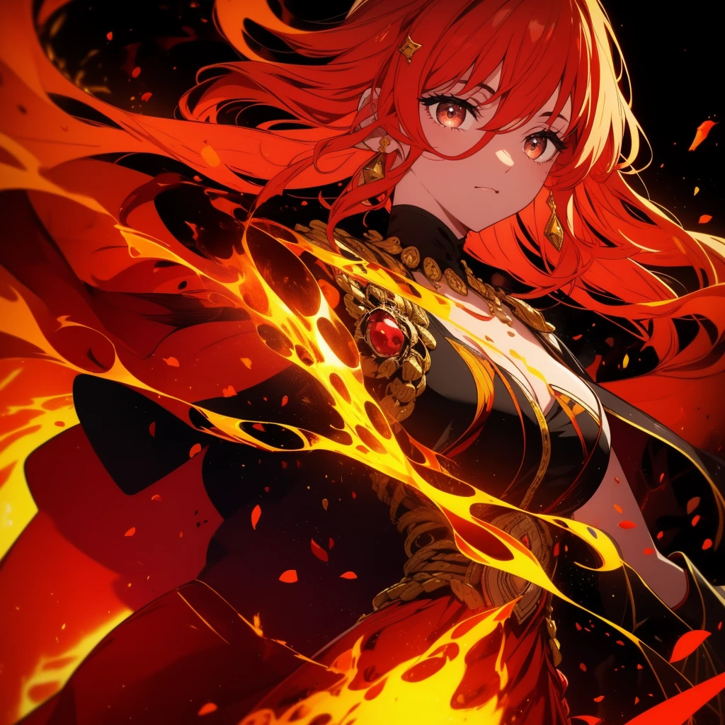 1girl, 25, professional, wearing a Flamara-themed costume, holding a flamboyant torch, posing in front of a burning pyre, (Flamara flames in the background), warm light and shadows, highlights on her hair and costume, looking regal and powerful, ((high contrast)), (outdoor setting), no background distractions