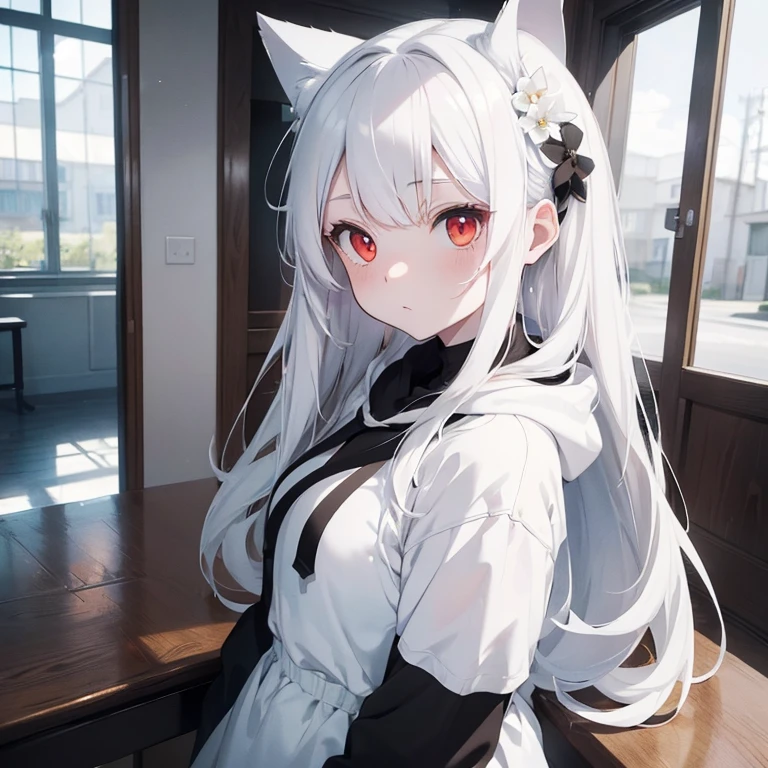 Pale skin, White hair, Black hoodie, White flowers, flowers in head, double tails, , Solo,{{Best quality}}, {{Masterpiece}}, {{Ultra-detailed}}, {illustration}, {Detailed light}, Red eyes, Long hair, white cat ears, 1girl