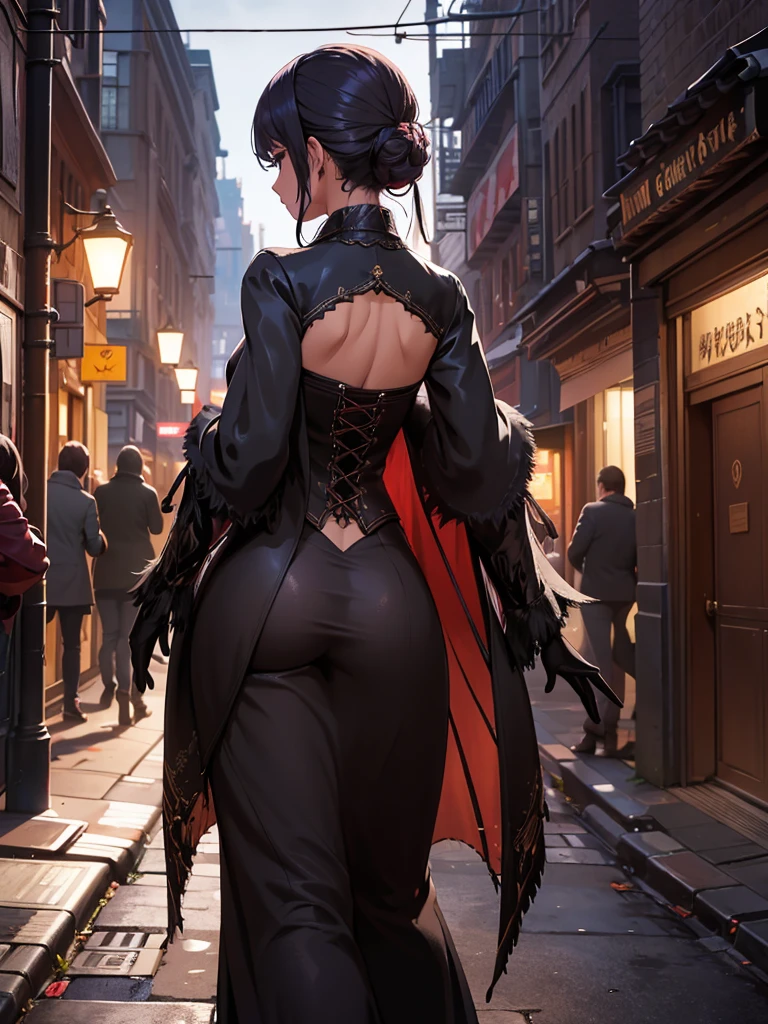(​masterpiece、top-quality、hight resolution、Unity 8k Wallpaper、extremely details CG:1), The focus is on the back of the prostitute leading the way through the nighttime entertainment district, and her figure is the star of the show. She walks confidently forward, not looking back. The camera is from the perspective of a man walking behind her. A sexually attractive and seductive back view. nsfw, The clothes of a prostitute.