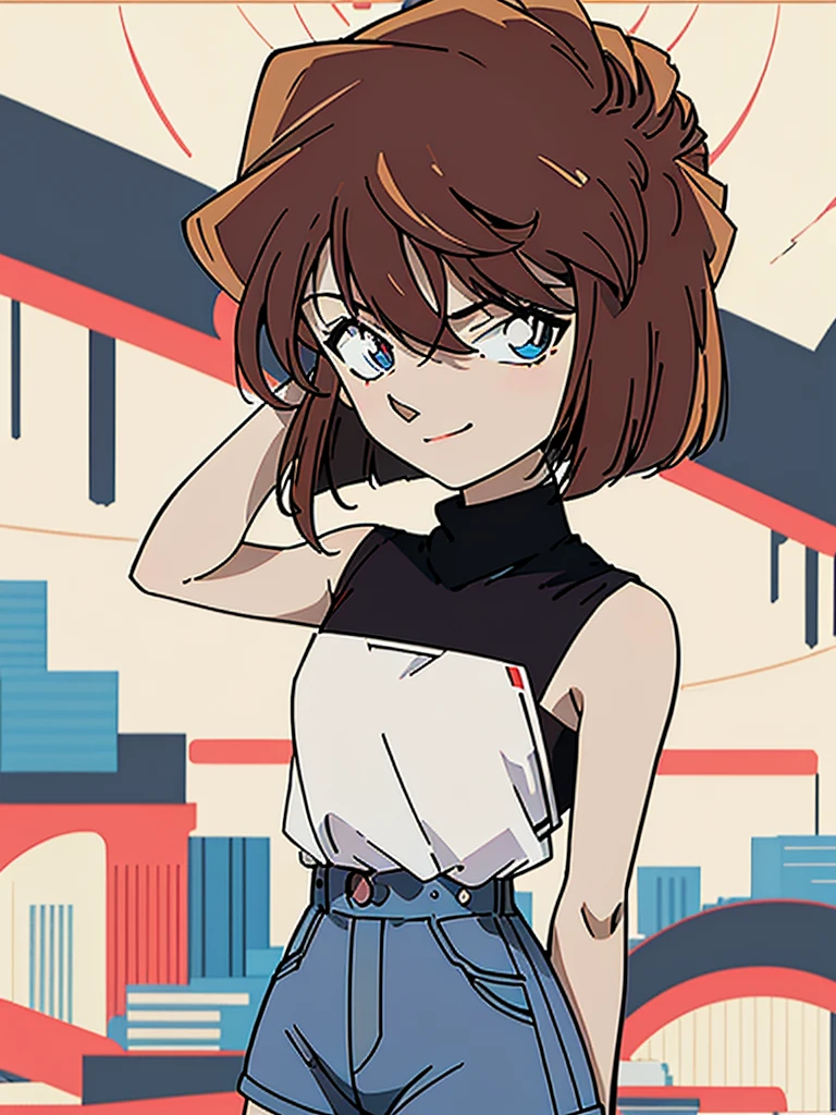 anime style, (1girl in, Solo:1.0), (Haibara Ai), ((Short pants)), (((Big eyes))), (Cute anime girl head), (flat chest),looking at viewer,With a height of 100cm, shoot from front, (head shot), soft smile、happy smile, Simple lineinimalism,Abstract Art,City background
