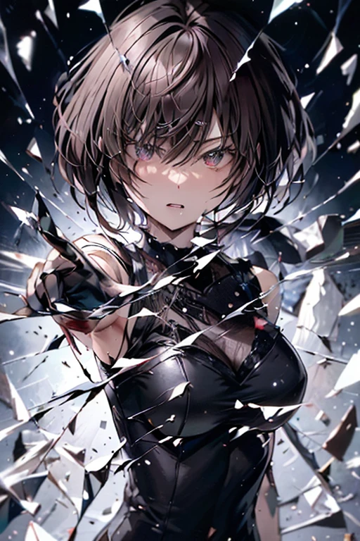 masterpiece,best quality,ultra-detailed,8k,high resolution,30 year old woman,short hair,1 person,alone,Bloody Rose,Broken Glass,He is throwing a straight right punch towards me.,Upper Body,A sense of speed,Sonic,Sharp Eyes,Fighting Pose