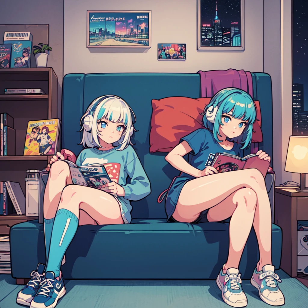 (masterpiece), highest quality, Expressive eyes, Neon pastel aesthetics, Retro 90s, Neon color,((Girl sitting on sofa,In a cozy room,Records hanging on her wall, Comic books on the floor, Looking out the window behind her at the night city, Upholstered room, Anime figures lined up on a shelf)), Wearing headphones, (All around her it sparkles), (wearing thick colorful sneakers), (blue eyes), (Soft look), (Synthwave Art Style), Colorful Hair, Desk with PC set up