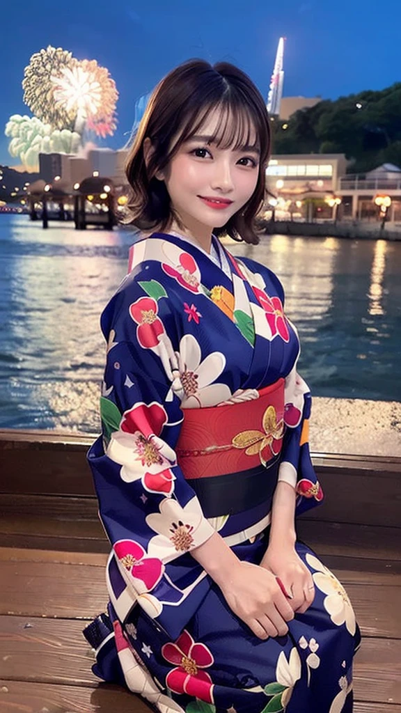 (highest quality、Tabletop、8k、Best image quality、Award-winning works)、One beautiful woman、(beautiful kimono:1.25)、(sitting with spreading legs on the Sea at night,outdoor:1.35)、(big fireworks all over the sky:1.55)、(No makeup:1.1)、(Wet shiny short hair:1.1)、(Wet, Dense short hair:1.1)、(Ultra-fine moisturized, Shiny skin:1.1)、(Ultra-fine, Lustrous and moisturized skin:1.1)、(Upper body photo,half body shot:1.25)、Brightly lit face、Very bright、Ultra-high definition beauty face、Ultra high resolution perfect beautiful teeth、Ultra HD Hair、(Ultra-high definition wet and shiny skin:1.1)、Super high quality glossy lip、(Accurate anatomy:1.1)、Big Breasts、Cleavage、slender waist,Accentuate your body lines、look at me、(short:1.1)、(Droopy eyes, Natural Makeup、Ultra-high definition beauty face:1.35)、(Ultra high resolution perfect beautiful teeth, Mid-chest, Tight waist, big smile:1.15)、Ultra HD Shining Eyes、Super high quaHigh resolution 16K human skin closeup。 The skin texture is natural、,Pores、It must be detailed enough to be easily identifiable.。 Skin should look healthy and have an even tone。 Use natural light and color,lity glossy lip