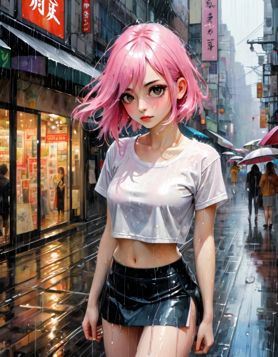(masterpiece:1.2), best quality, high resolution, unity 8k wallpaper, illustration, extremely detailed eyes, extremely detailed face, extremely detailed CG, (1girl, solo:1.5), {{perfect anatomy}}, (panorama:0.5), ((view from top)), looking up, rain, heavy rain, white shirt, crop top, mini skirt, ((wet clothes)), ((wet hair)), shopping district, gahata meiji, White, fades to pink hair, medium length hair, Pink, long white eyelashes, (art inspired by Bill Sienkiewicz,). oil painting)