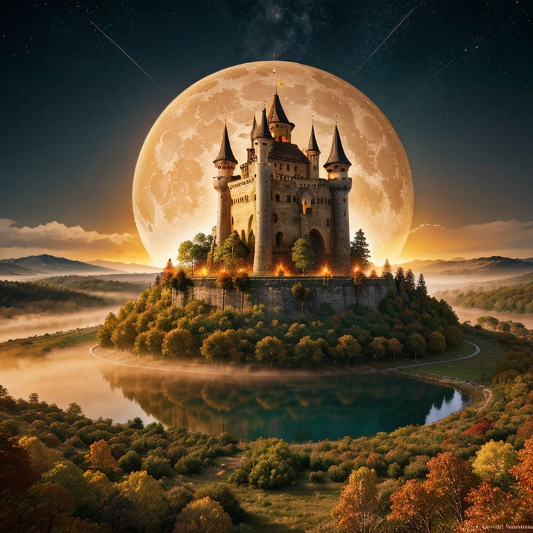 Draw a fantastic landscape, where the sky is lit by three moons, and the trees have leaves, reminiscent of fiery flames. In the center of this landscape is an ancient castle, surrounded by misty hills and crystal clear lakes.