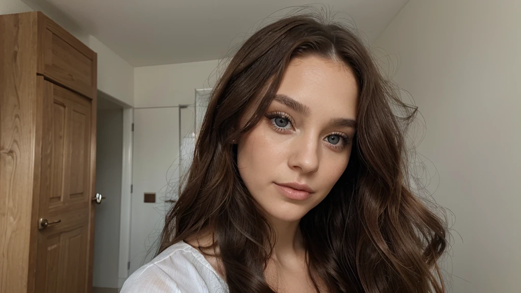 femme de 29 ans, long brown slightly curly hair, yeux bleus, visage parfait, professional makeup like model, en sous vêtement.