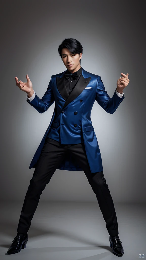 Korean Beautiful Idol Gentleman Anime, adorned with stylish black hair, expounds an air of elegance while standing proudly against a gripping grey background. He dons a glittery light royal blue double-breasted pent coat, the first button artfully open, exuding a sense of casual sophistication as he reveals a sleek black inner shirt and beautiful eye. A polished pair of black, shiny dress shoes complete his dapper ensemble. His captivating full-body pose is further enhanced by an animated flourish, invoking a dynamic and captivating image.