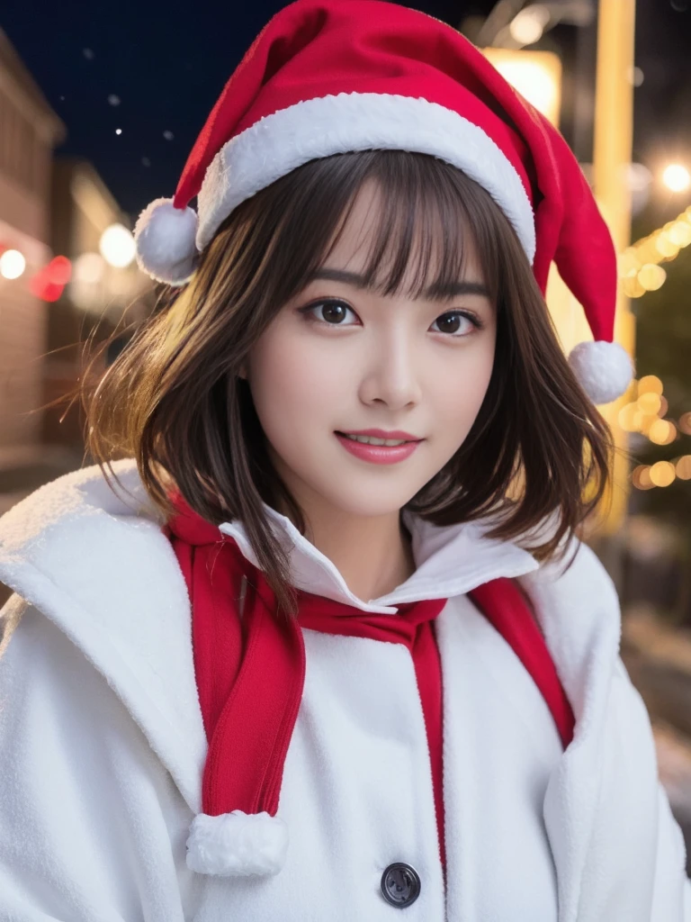 1girl, (santa claus costume:1.5), symmetry, beautiful cute young girl, slender figure, (ultra short hair:1.5), ultra big smile, (Beautiful large round droped detailed eyes:1.0), beautiful detailed lips, extremely detailed face, natural makeup, Incredibly beautiful skin, (best quality,4k,8k,highres,masterpiece:1.75),(ultra-detailed,realistic,photorealistic,photo-realistic:2.0),professional,vivid colors,studio lighting,snowing night town,christmas eve