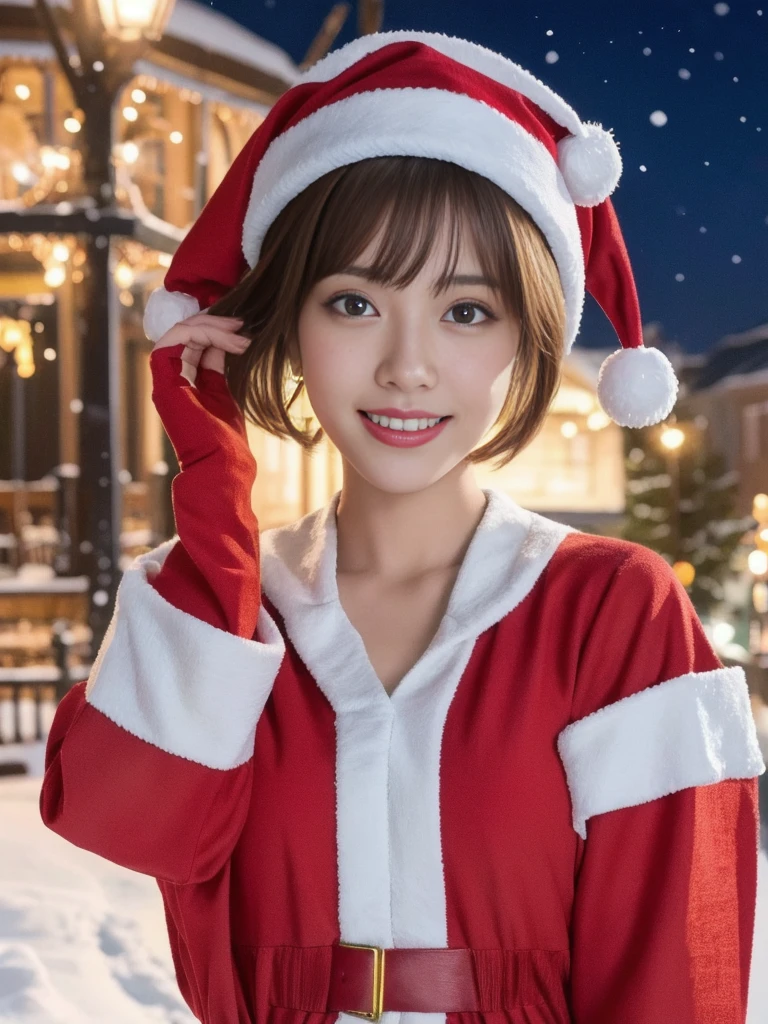 1girl, (santa claus costume:1.5), symmetry, beautiful cute young girl, slender figure, (ultra short hair:1.5), ultra big smile, (Beautiful large round droped detailed eyes:1.0), beautiful detailed lips, extremely detailed face, natural makeup, Incredibly beautiful skin, (best quality,4k,8k,highres,masterpiece:1.75),(ultra-detailed,realistic,photorealistic,photo-realistic:2.0),professional,vivid colors,studio lighting,snowing night town,christmas eve