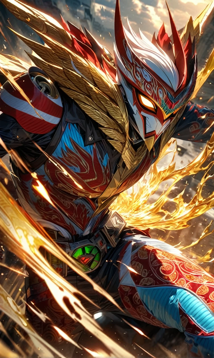 absurdres, highres, ultra detailed, HDR, masterpiece, extremely detailed face and eyes,Indonesian Kamen rider,Epic wings,red and white Garuda Kamen rider costume, Garuda Kamen rider mask, , Indonesia batik pattern , solo, man, handsome, ,, , Epic fight scene, golden splashing effect, golden effect,glowing glitters