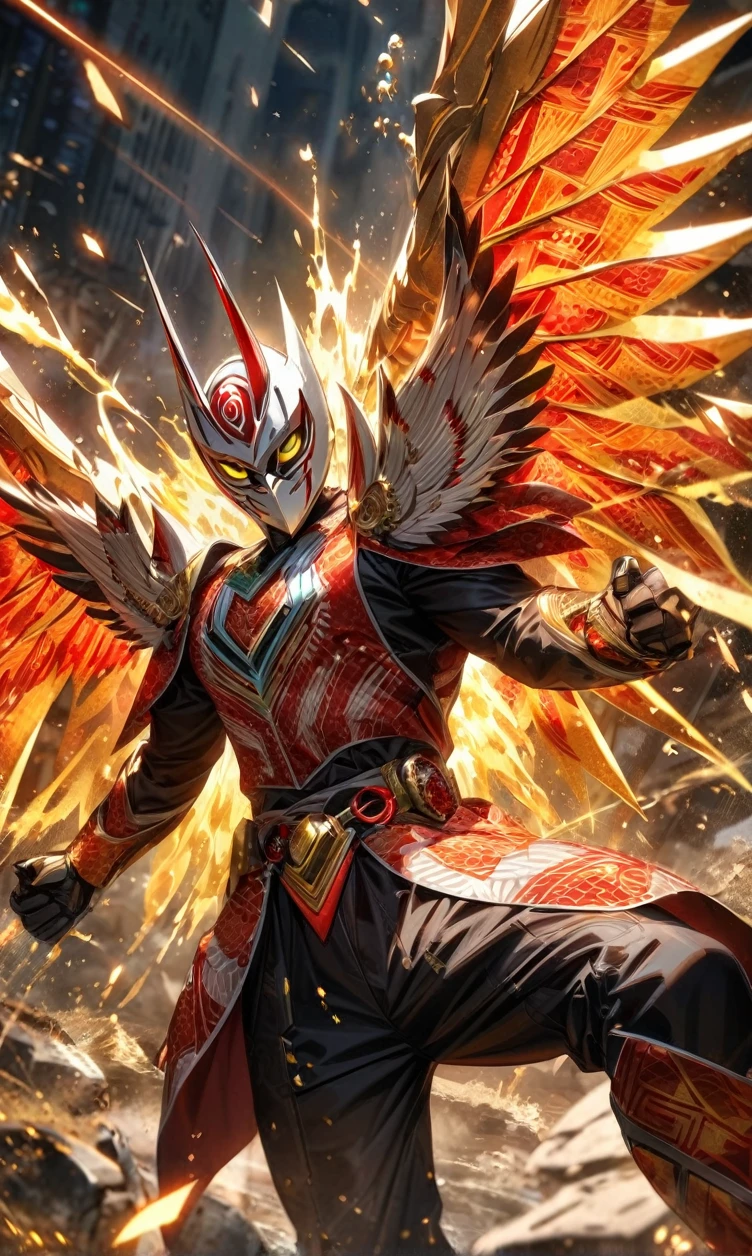 absurdres, highres, ultra detailed, HDR, masterpiece, extremely detailed face and eyes,Indonesian Kamen rider,Epic wings,red and white Garuda Kamen rider costume, Garuda Kamen rider mask, , Indonesia batik pattern , solo, man, handsome, ,, , Epic fight scene, golden splashing effect, golden effect,glowing glitters