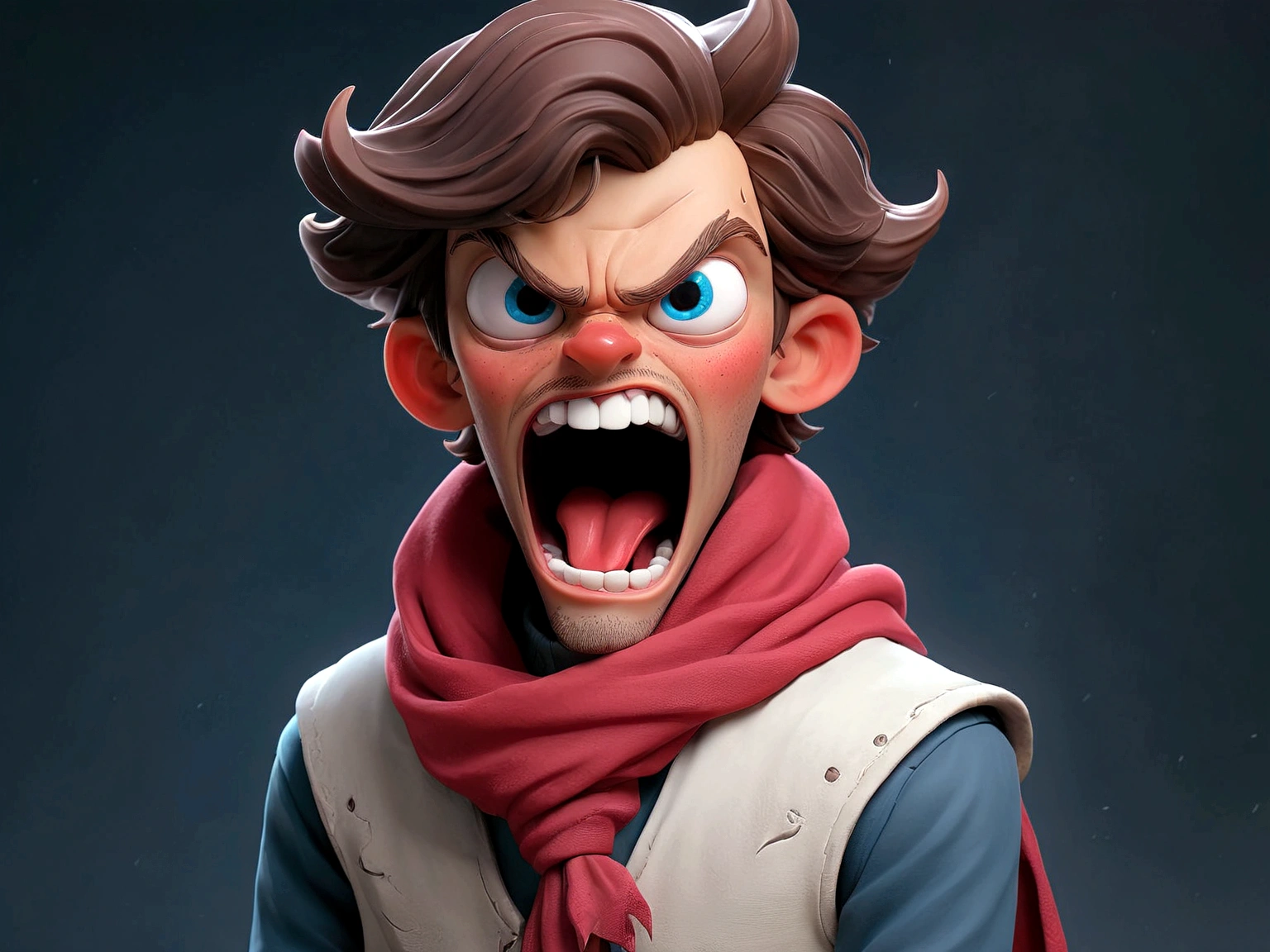 (masterpiece:1)，(Best picture quality:1)，(Ultra-high quality:1)，(8K resolution:1)，IP image of a boy，masterpiece，select，Best picture quality，Character Design，Simple background，Skull，Smile，White vest，Grin，Male focus，Pulling red blood from the mouth，Standing，Different colors，One red eye and one blue eye，red scarf,Red Cape, Pink shoes，Dark fantasy and Giger&#39;s style