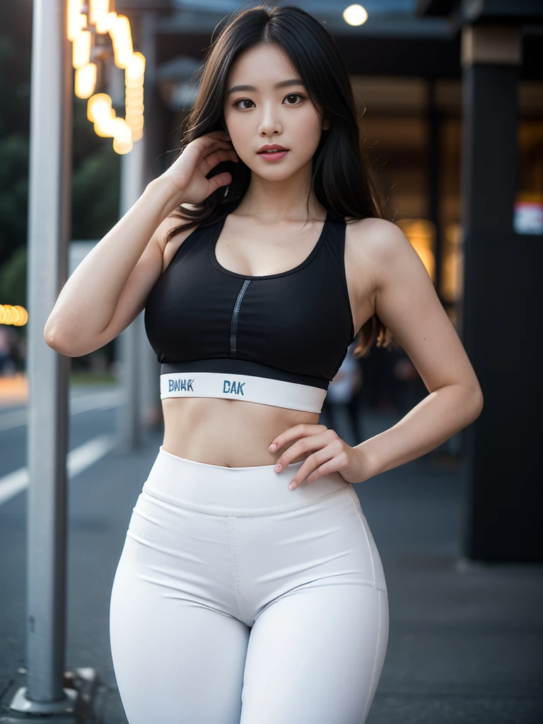 (highest image quality:1.35), high quality, Realistic photo, (A beautiful woman:1.33), beautiful expression, (delicate eyes:1.3), (delicate face:1.3 ) , Smile, (shiny hair:1.2), Super detailed , high resolution, Sporty figure, (big breasts:1.25), (long hair:1.2), (beautiful woman), ( Navel cute:1.2), (Depth of field f/1.8:1.45 ), sharp focus, original photo , (Thin black shirt:1.45), (Thin white pants:1.4), (Thin tight black pants:1.4 ), (sports bra:1.4), (Thick thighs:1.5), (Forward facing:1.25), (cowboy shots:1.4), (Night sports:1.4), (dark sky:1.5 ),