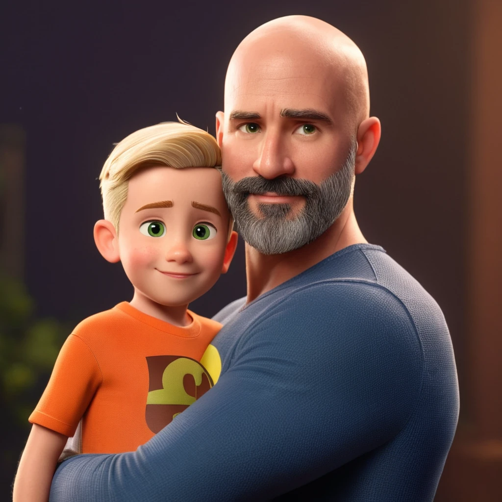 make a man character of approximately 40 years old, beard and bald with no hair and green eyes with his blond son, 5 year old boy on his shoulder. Cartoon character, um personagem animado, Caractere estilizado, animation style rendering, 3D estilizado, Stylized 3D rendering, toon render screenshot, Personagem 3D, Personagem 3D, Stylized 3D rendering, 3D character rendering, personagem de desenho animado, Pose de personagem, (Estilo Pixar) (parte mestre:1.2) (Bokeh) (melhor qualidade) (pele detalhada) (textura detalhada) (8K) (argila) (cinematic lighting) (sharp focus，Senta e vaza a parte superior do corpo