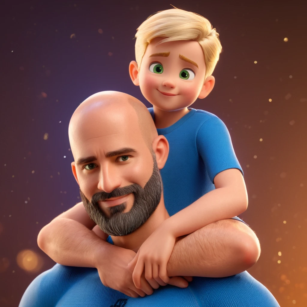 make a man character of approximately 40 years old, beard and bald with no hair and green eyes with his blond son, 5 year old boy on his shoulder. Cartoon character, um personagem animado, Caractere estilizado, animation style rendering, 3D estilizado, Stylized 3D rendering, toon render screenshot, Personagem 3D, Personagem 3D, Stylized 3D rendering, 3D character rendering, personagem de desenho animado, Pose de personagem, (Estilo Pixar) (parte mestre:1.2) (Bokeh) (melhor qualidade) (pele detalhada) (textura detalhada) (8K) (argila) (cinematic lighting) (sharp focus,Senta e vaza a parte superior do corpo