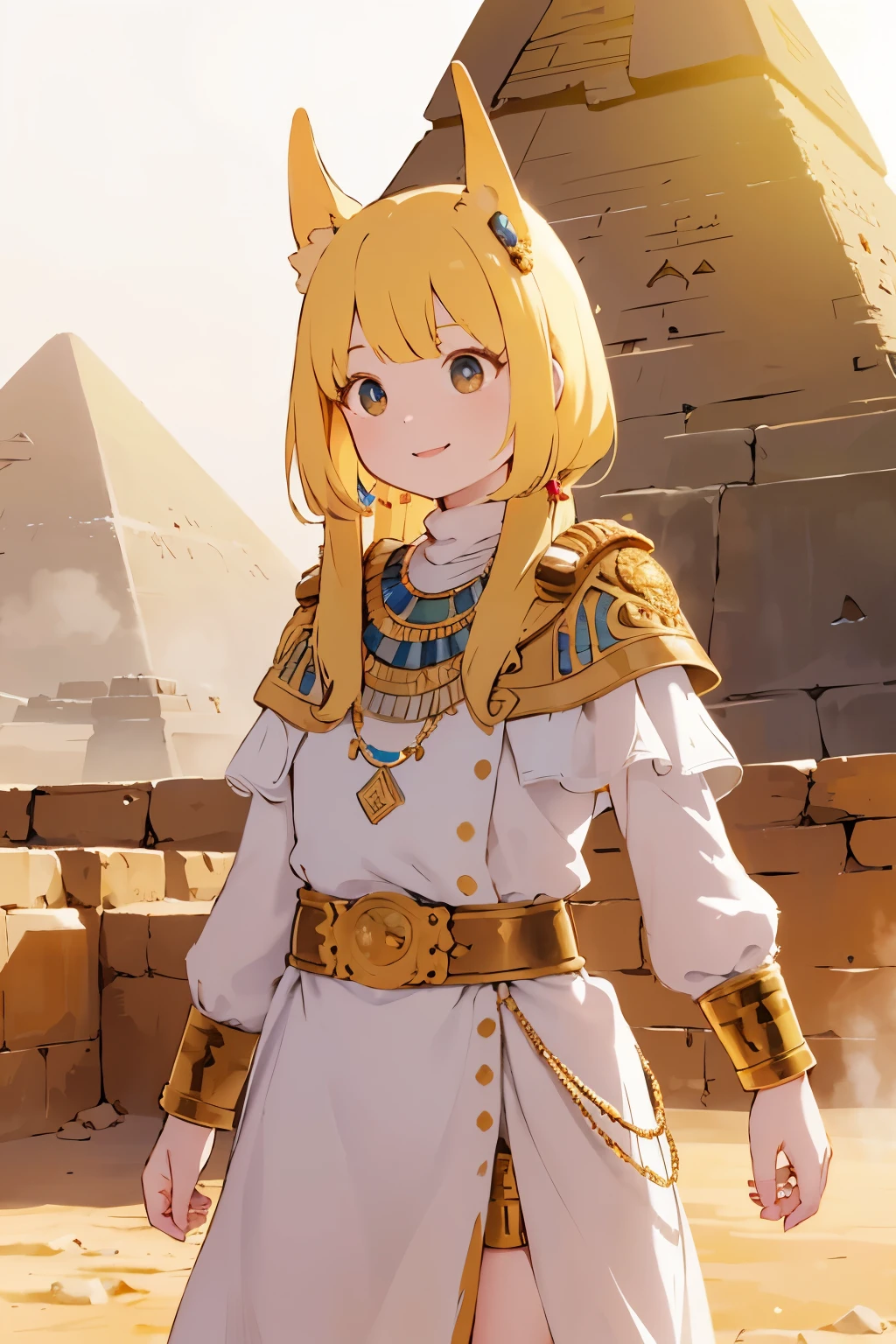 a young girl visiting the egyptian pyramids, smiling, adventurous style, energetic, highly detailed, photorealistic, 8k, hyperrealistic, extremely detailed, cinematic lighting, warm color tones, dramatic shadows, ornate jewelry, intricate clothing details, confident pose, dynamic composition, golden hour lighting, volumetric fog, atmospheric haze
