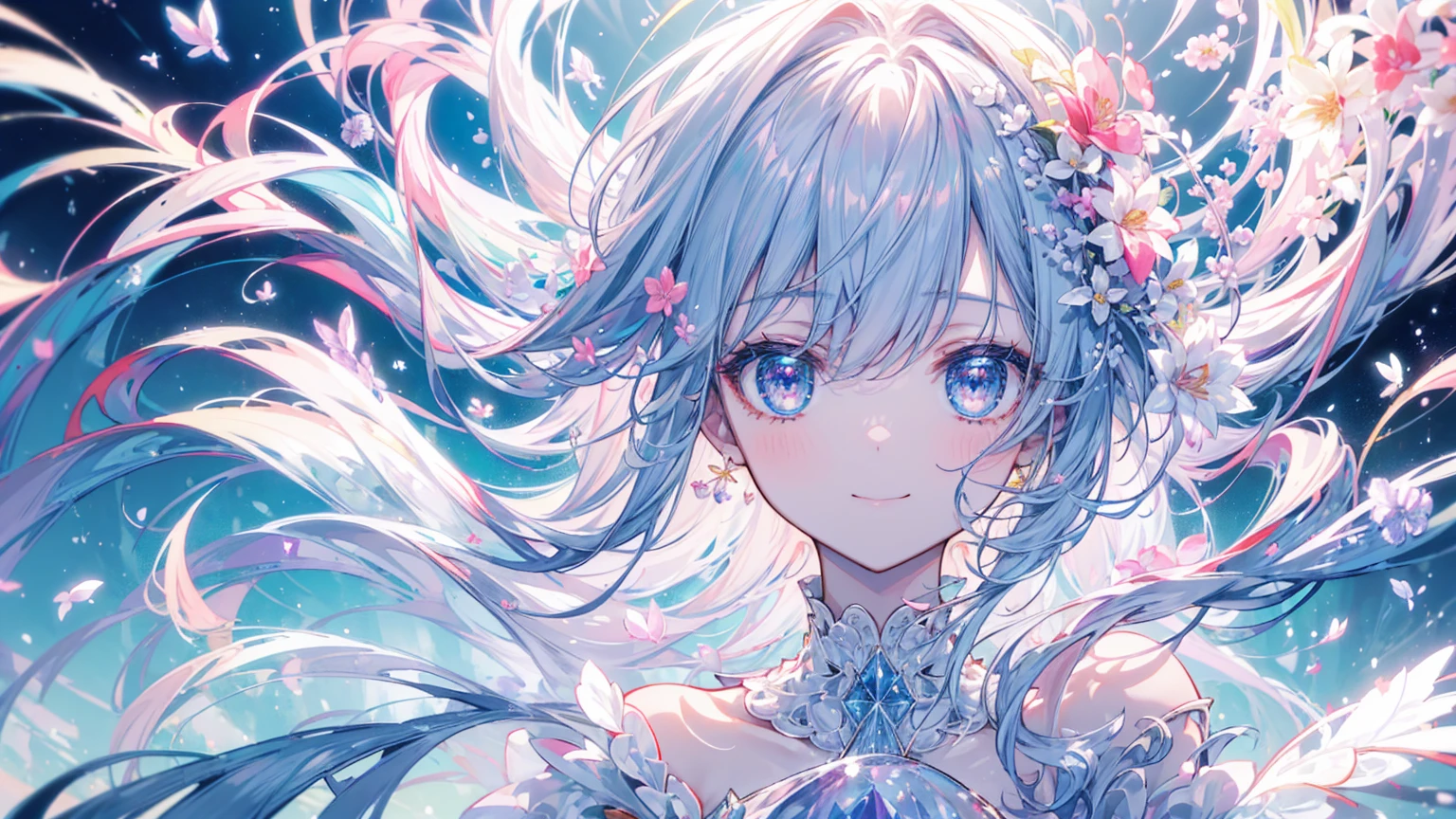 (masterpiece、8k、highest quality)、(Soft Light:1.5), whole body, Detailed face, Fine grain, landscape, Backlight, Lots of flowers, smile, spark, Magic kingdom and palace of crystal and glass, kaleidoscopic eyes