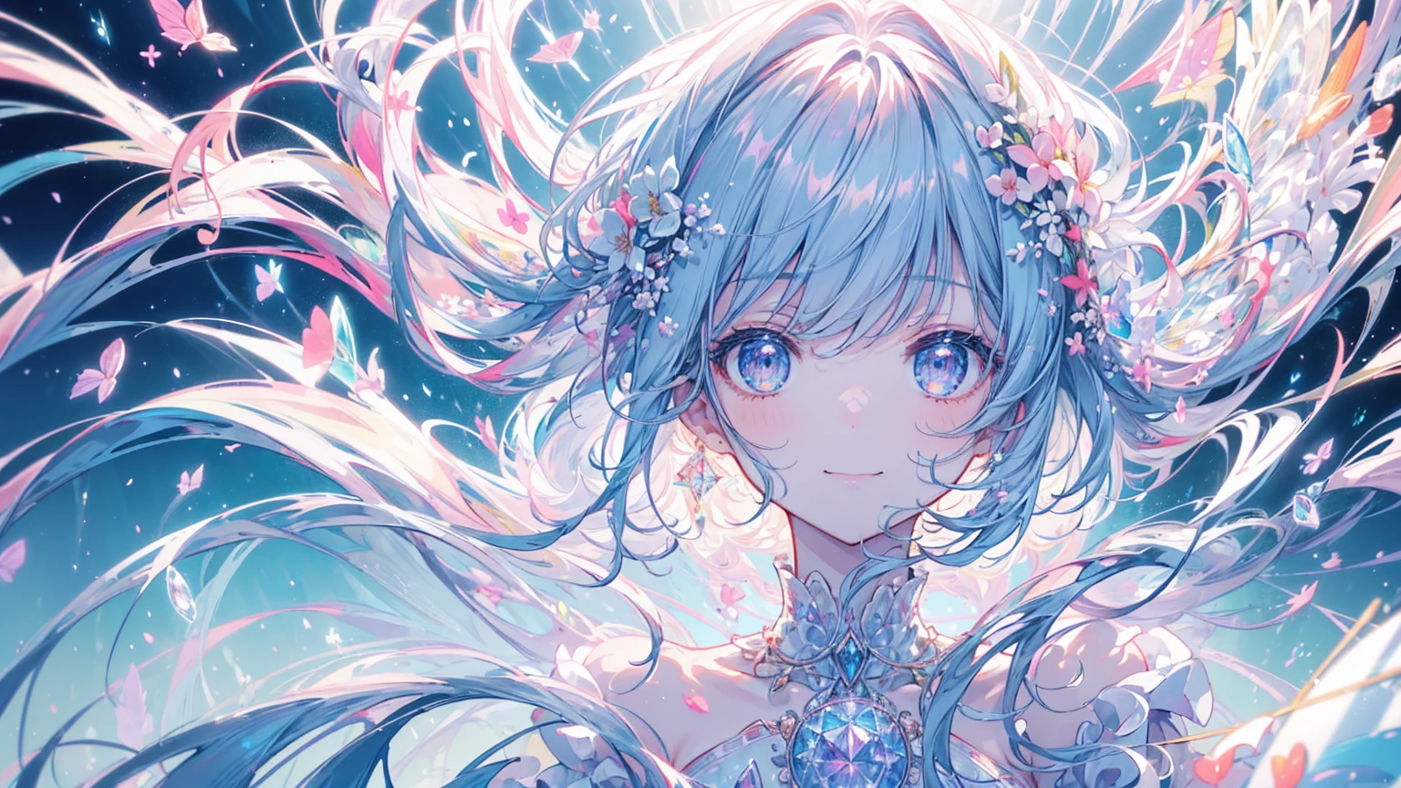 (masterpiece、8k、highest quality)、(Soft Light:1.5), whole body, Detailed face, Fine grain, landscape, Backlight, Lots of flowers, smile, spark, Magic kingdom and palace of crystal and glass, kaleidoscopic eyes