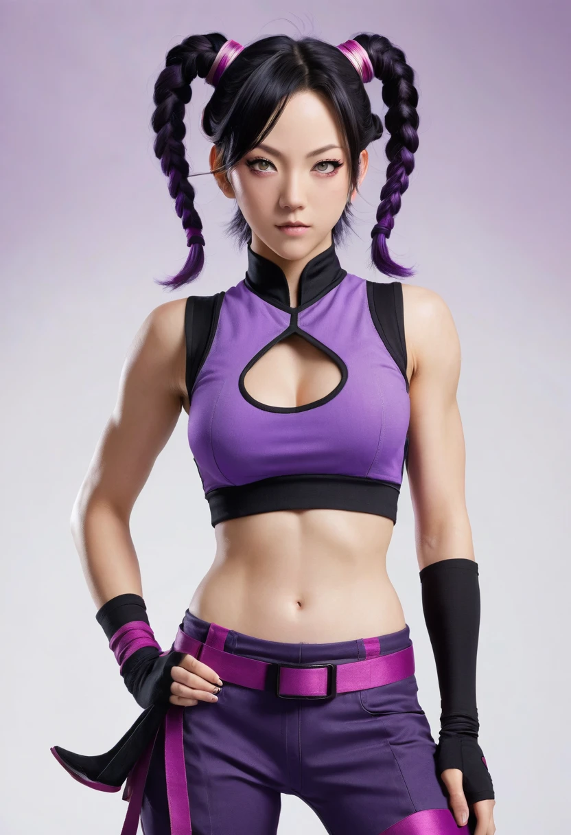 Hair:

Juri has black hair styled in an unusual and eye-catching manner. Her hair is tied into two high, horn-like pigtails, giving her a devilish look.
The ends of her pigtails are often colored purple, adding to her unique style.
Face and Eyes:

Juri has sharp facial features with a mischievous and confident expression.
Her most distinctive feature is her eyes. Her left eye is a normal dark color, while her right eye is cybernetic and glows purple, known as the "Feng Shui Engine."
Clothing:

Juri wears a form-fitting, sleeveless top, often with a cut-out design that exposes her midriff. Her outfit is predominantly purple and black, reflecting her dark persona.
She wears baggy, low-waisted pants that are also predominantly black with purple accents. The pants are typically tied with a sash or belt.
Accessories and Footwear:

Juri's fingers and hands are wrapped in tape or bandages, a common trait among fighters in the series.
She often fights barefoot, adding to her agile and acrobatic fighting style.
Body and Build:

Juri has a lean and athletic build, indicative of her agility and martial arts prowess.
Her posture and movements are often playful and provocative, reflecting her manipulative and unpredictable nature.
