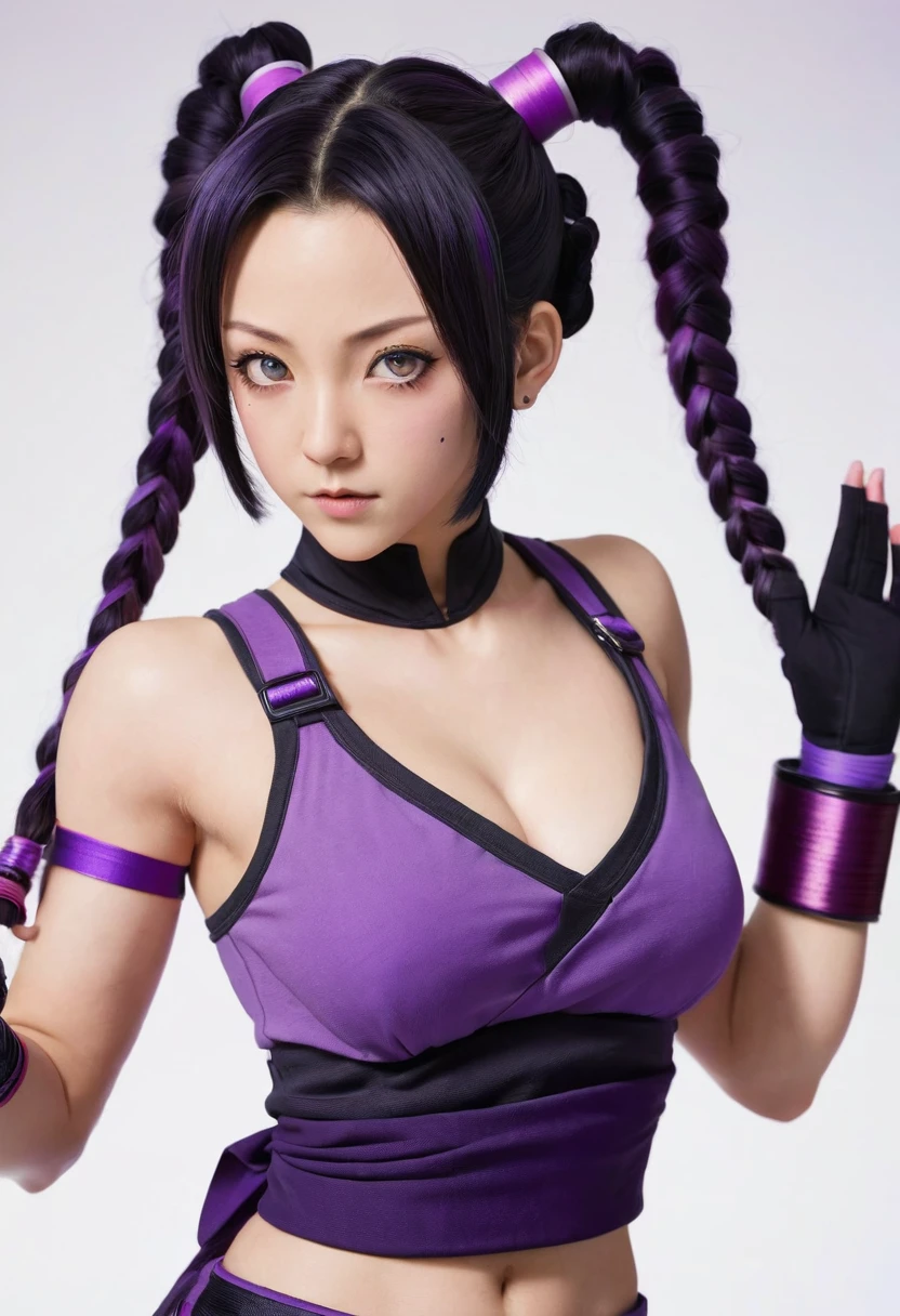 Hair:
Juri has black hair styled in an unusual and eye-catching manner. Her hair is tied into two high, horn-like pigtails, giving her a devilish look.
The ends of her pigtails are often colored purple, adding to her unique style.
Face and Eyes:
Juri has sharp facial features with a mischievous and confident expression.
Her most distinctive feature is her eyes. Her left eye is a normal dark color, while her right eye is cybernetic and glows purple, known as the "Feng Shui Engine."
Clothing:
Juri wears a form-fitting, sleeveless top, often with a cut-out design that exposes her midriff. Her outfit is predominantly purple and black, reflecting her dark persona.
She wears baggy, low-waisted pants that are also predominantly black with purple accents. The pants are typically tied with a sash or belt.
Accessories and Footwear:
Juri's fingers and hands are wrapped in tape or bandages, a common trait among fighters in the series.
She often fights barefoot, adding to her agile and acrobatic fighting style.
Body and Build:
Juri has a lean and athletic build, indicative of her agility and martial arts prowess.
Her posture and movements are often playful and provocative, reflecting her manipulative and unpredictable nature.