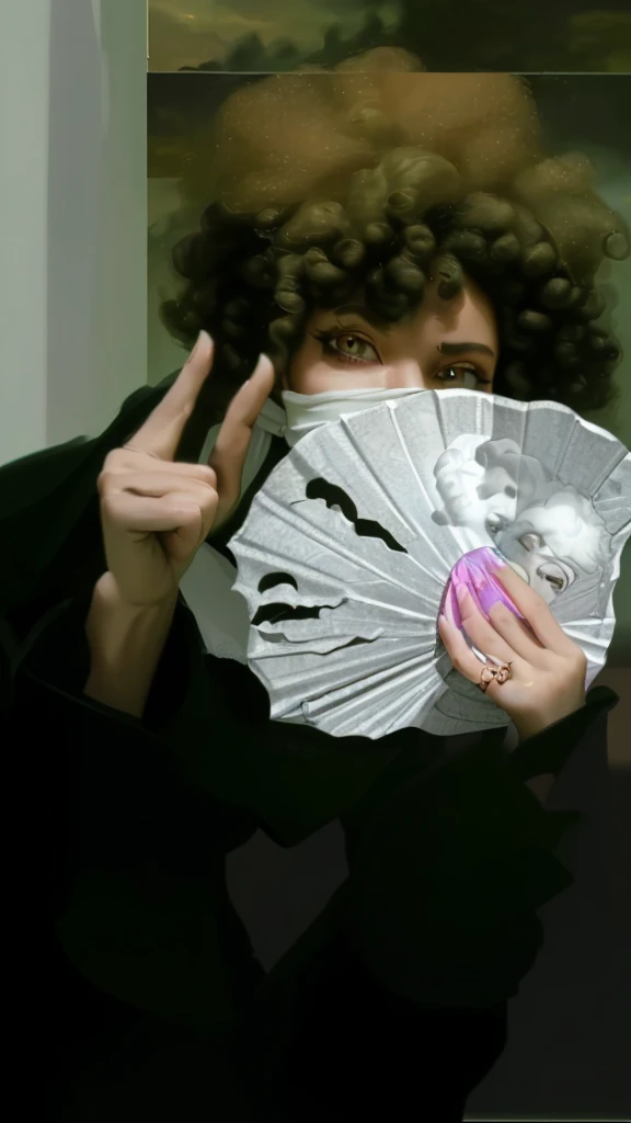 (best quality,4k,8k,highres,masterpiece:1.2),ultra-detailed,realistic,photorealistic:1.37, portrait, money fan covering her face, middle finger, curly afro