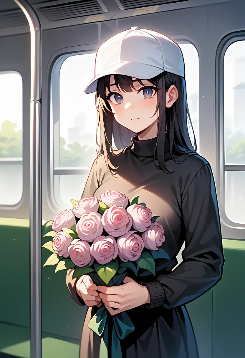 Prompt:

"Reflection of a person on a subway window, holding a bouquet of pink flowers. The person is wearing a white cap and a black outfit, partially obscured by the reflection and dim lighting. The background shows a blurred, dark subway interior, giving a moody and introspective ambiance. The bouquet is wrapped in pink paper, adding a soft, delicate contrast to the otherwise dark and muted tones of the scene."

Detailed Breakdown:

Setting: Subway window with reflection, dark interior.
Subject: Person holding a bouquet, wearing a white cap and black outfit.
Lighting: Dim, moody, emphasizing the reflective surface.
Colors: Dark tones with a pop of pink from the flowers.
Mood: Introspective, calm, and somewhat melancholic.
Use these details to guide the stable diffusion model in creating an image with a similar vibe and composition.