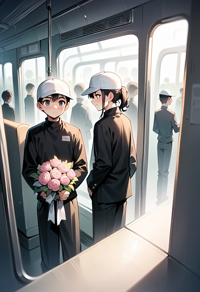 Prompt:

"Reflection of a person on a subway window, holding a bouquet of pink flowers. The person is wearing a white cap and a black outfit, partially obscured by the reflection and dim lighting. The background shows a blurred, dark subway interior, giving a moody and introspective ambiance. The bouquet is wrapped in pink paper, adding a soft, delicate contrast to the otherwise dark and muted tones of the scene."

Detailed Breakdown:

Setting: Subway window with reflection, dark interior.
Subject: Person holding a bouquet, wearing a white cap and black outfit.
Lighting: Dim, moody, emphasizing the reflective surface.
Colors: Dark tones with a pop of pink from the flowers.
Mood: Introspective, calm, and somewhat melancholic.
Use these details to guide the stable diffusion model in creating an image with a similar vibe and composition.