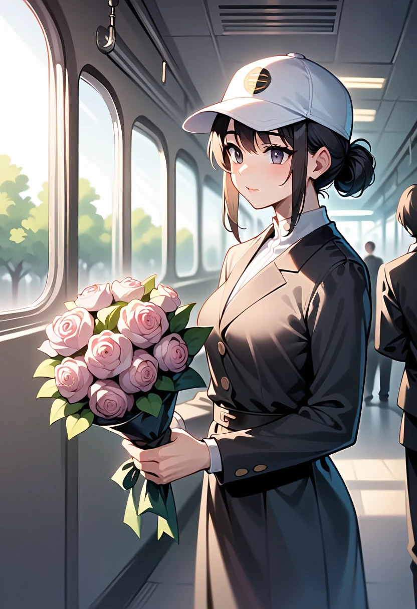 Prompt:
"Reflection of a person on a subway window, holding a bouquet of pink flowers. The person is wearing a white cap and a black outfit, partially obscured by the reflection and dim lighting. The background shows a blurred, dark subway interior, giving a moody and introspective ambiance. The bouquet is wrapped in pink paper, adding a soft, delicate contrast to the otherwise dark and muted tones of the scene."
Detailed Breakdown:
Setting: Subway window with reflection, dark interior.
Subject: Person holding a bouquet, wearing a white cap and black outfit.
Lighting: Dim, moody, emphasizing the reflective surface.
Colors: Dark tones with a pop of pink from the flowers.
Mood: Introspective, calm, and somewhat melancholic.
Use these details to guide the stable diffusion model in creating an image with a similar vibe and composition.