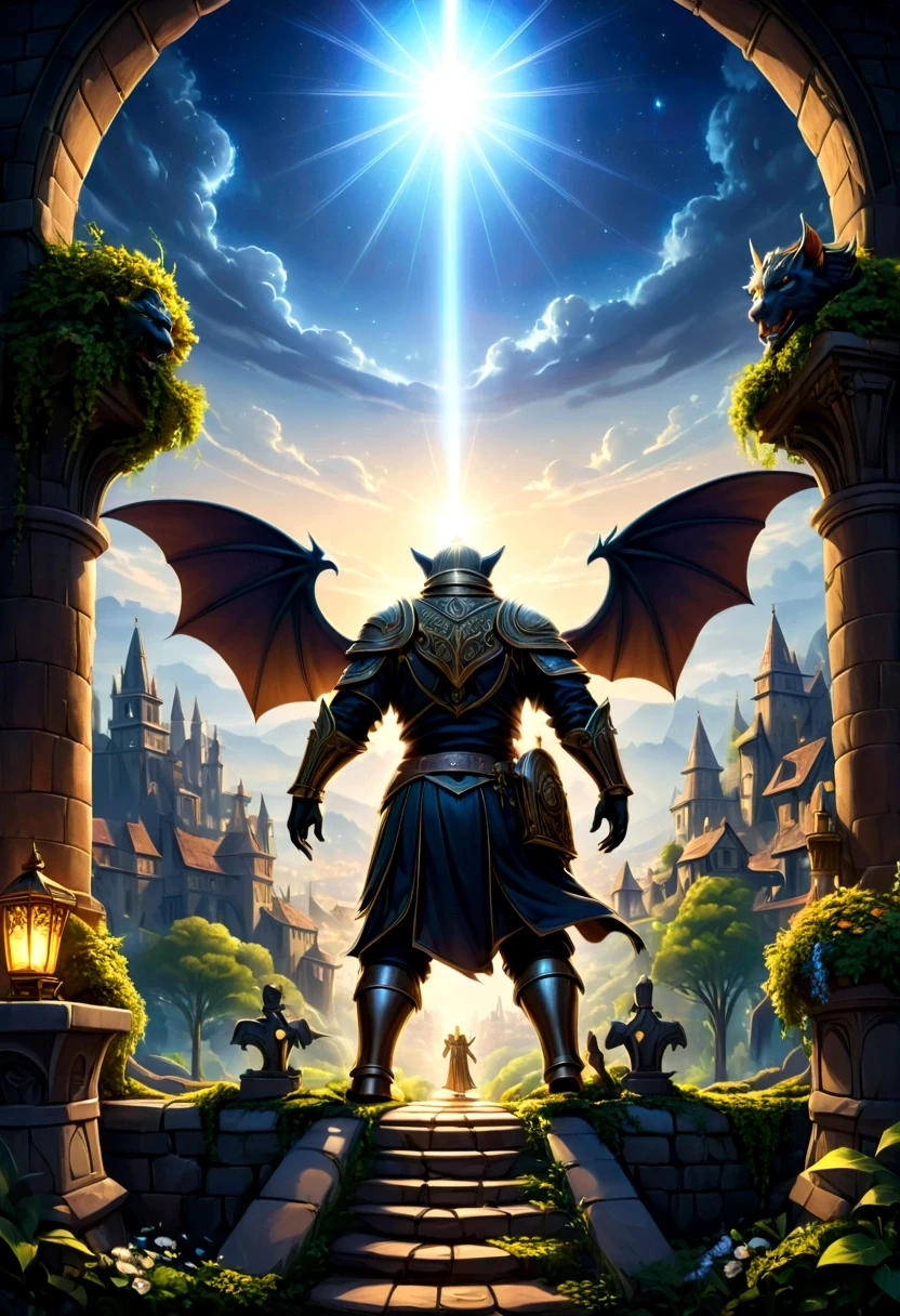 a view of fantasy medieval city, taken from the top of church of , at night, the shot taken while standing behind the statue of a gargoyle on the roof, 16K, ultra detailed, masterpiece, best quality, (extremely detailed), arafed, dnd art, god rays, cinematic lighting, glowing light, silhouette, from outside, photorealism, panoramic view (Masterpiece, intense details: 1.5) , Wide-Angle, Ultra-Wide Angle, aetherpunkai