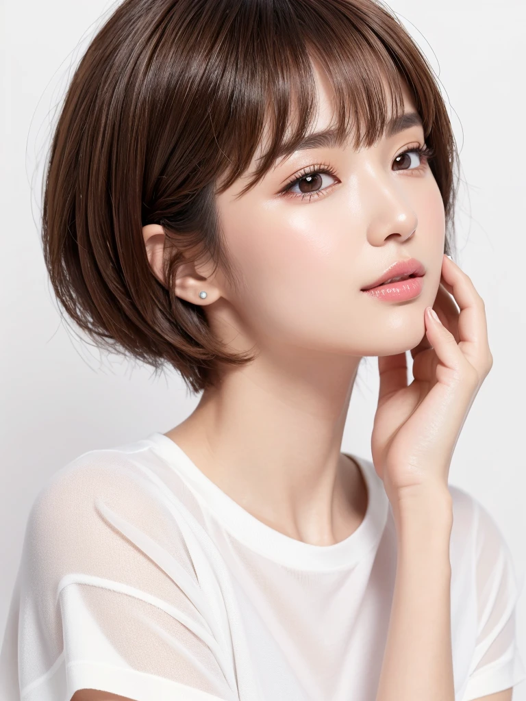 (highest quality、Tabletop、8k、Best image quality、Award-winning works)、((profile:1.2))、ear、((short hair:1.46)),(Brown Hair)、(White casual clothes:1.2)、(The simplest pure white background:1.3)、(Perfectly fixed in front:1.1),(Portrait with space:1.2)、Beautiful and detailed、Perfect Makeup、Ultra-high definition beauty face、Ultra HD Hair、Ultra-high definition sparkling eyes、Ultra-high quality glossy lips、Accurate anatomy、Very beautiful skin、(Pure white skin shining in ultra-high resolution:1.1)、(Very bright:1.2),Big Natural Color Lip、Lip gloss,Harajuku、cute、cute美人