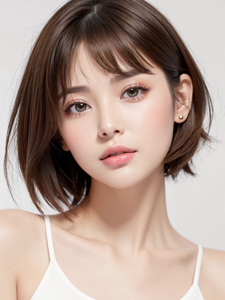 (highest quality、Tabletop、8k、Best image quality、Award-winning works)、((profile:1.2))、ear、((short hair:1.46)),(Brown Hair)、(White casual clothes:1.2)、(The simplest pure white background:1.3)、(Perfectly fixed in front:1.1),(Portrait with space:1.2)、Beautiful and detailed、Perfect Makeup、Ultra-high definition beauty face、Ultra HD Hair、Ultra-high definition sparkling eyes、Ultra-high quality glossy lips、Accurate anatomy、Very beautiful skin、(Pure white skin shining in ultra-high resolution:1.1)、(Very bright:1.2),Big Natural Color Lip、Lip gloss,Harajuku、cute、cute美人