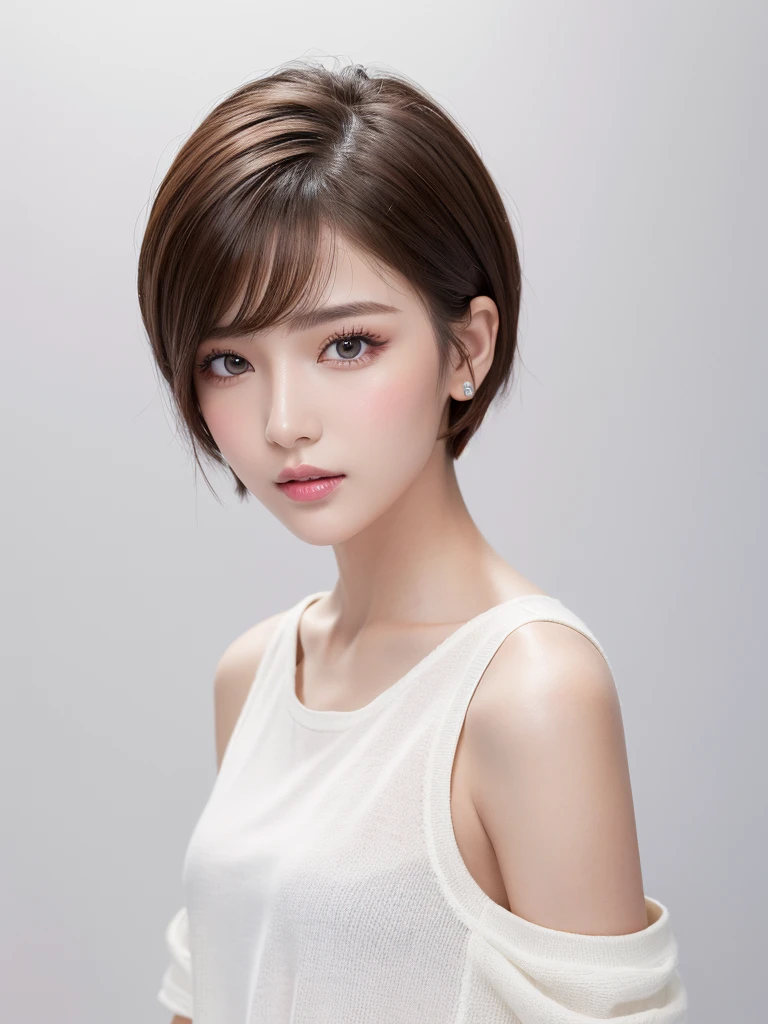 (highest quality、Tabletop、8k、Best image quality、Award-winning works)、((profile:1.2))、ear、((short hair:1.46)),(Brown Hair)、(White casual clothes:1.2)、(The simplest pure white background:1.3)、(Perfectly fixed in front:1.1),(Portrait with space:1.2)、Beautiful and detailed、Perfect Makeup、Ultra-high definition beauty face、Ultra HD Hair、Ultra-high definition sparkling eyes、Ultra-high quality glossy lips、Accurate anatomy、Very beautiful skin、(Pure white skin shining in ultra-high resolution:1.1)、(Very bright:1.2),Big Natural Color Lip、Lip gloss,Harajuku、cute、cute美人