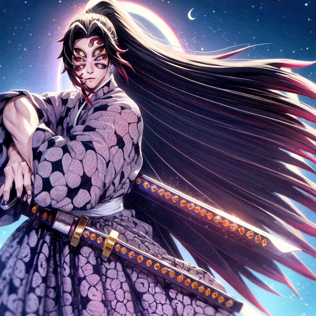 1male people、If the eyes are6piece Long ponytail hair Fantastic crescent moon background solo On the waist2Book sword scared expression